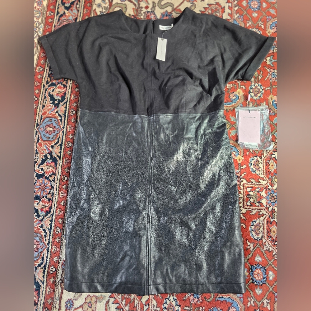 NWT Avec Les Filles Anthropologie Black Faux Leather Bottom Dress Size M